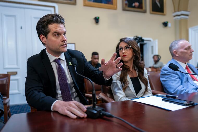 From left, Rep. Matt Gaetz, R-Fla., Rep. Lauren Boebert, R-Colo., and Rep. Scott Perry, R-Pa., propose amendments to the Department of Homeland Security Appropriations Bill before the House Rules Committee, at the Capitol in Washington on Friday, Sept. 22.