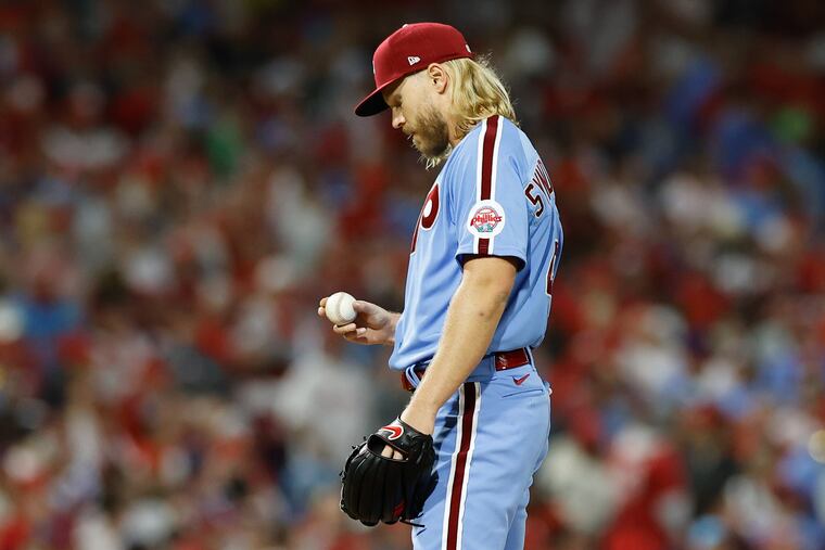Noah Syndergaard, pictured pitching for the Phillies during Game 5 of the World Series last season, signed with the Dodgers in the offseason and again is on the move.