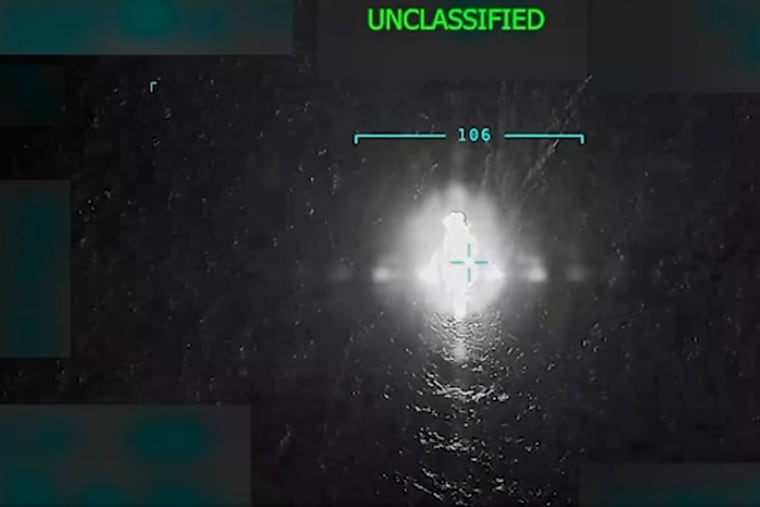 A still frame from a video posted on social media by President Donald Trump shows a boat allegedly transporting illegal narcotics after a lethal strike on Sept. 2, through U.S. military imagery.