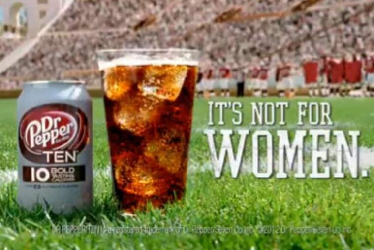 Screen grab of a Dr Pepper Ten ad. This approach works because men, apparently, don't want to buy items strongly associated with women.