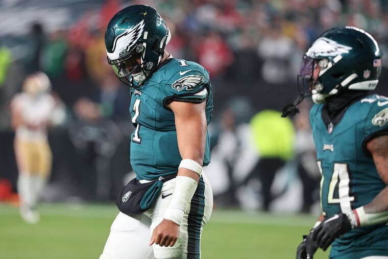 Eagles quarterback Jalen Hurts walks off the field after the .Eagles did not get a third quarter first down against the San Francisco 49ers on Sunday, December 3, 2023 in Philadelphia.