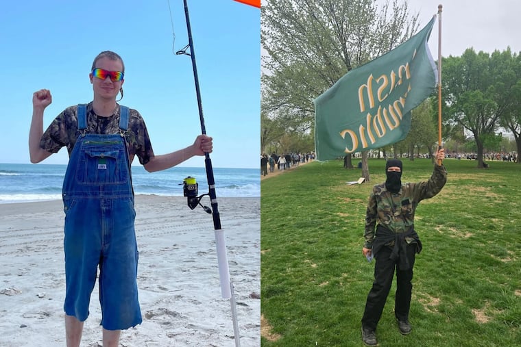 Kevin Krebs (left, in his July 2021 Instagram post), seemed to have become fixated in recent months on the tactics of the Irish Republican Army. He carried the flag to the April 2025 "Hands Off!" rally in Washington and posted photos of the rally (right) in the r/MarchAgainstNazis subreddit.