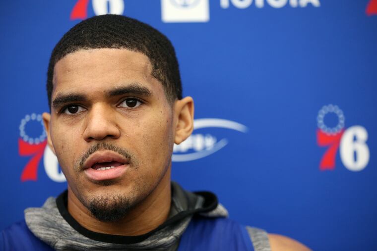Tobias Harris speaks to the media ahead of a practice last week.