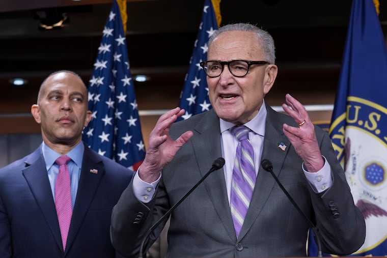 Senate Minority Leader Chuck Schumer, D-N.Y., center, and House Minority Leader Hakeem Jeffries, D-N.Y., at the Capitol in Washington on Feb. 4.