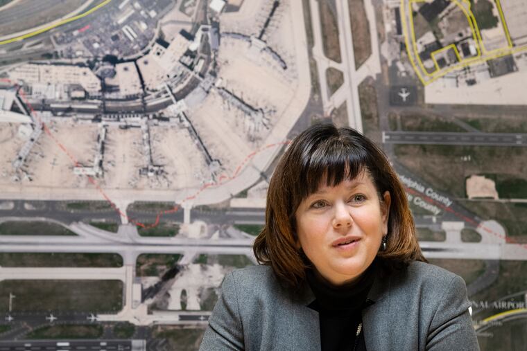 Chellie Cameron, CEO of Philadelphia International Airport, at a staff meeting in 2019. During a virtual event Wednesday, Cameron continued to call for a federal designation that would allow PHL to accept passenger flights from Europe during the pandemic.