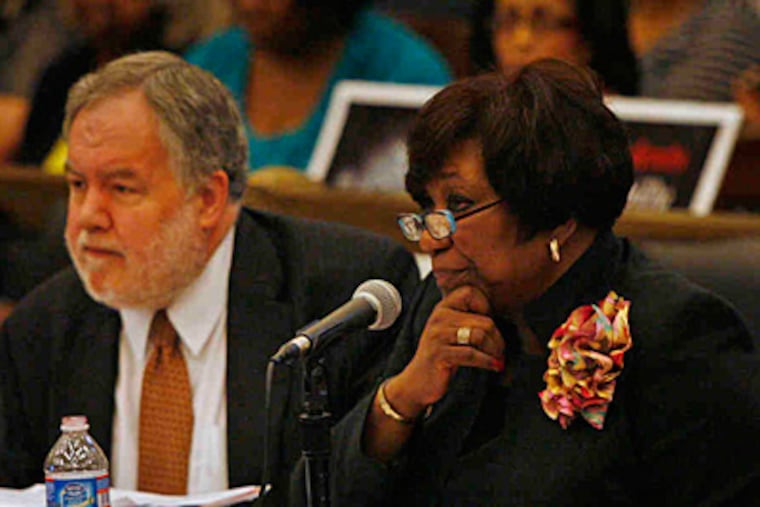 Superintendent Arlene Ackerman, with district CFO Michael Masch, asked Council on Tuesday for up to $110 million to help fill budget gap. She also asked to transfer $11 million in school bills to the city.