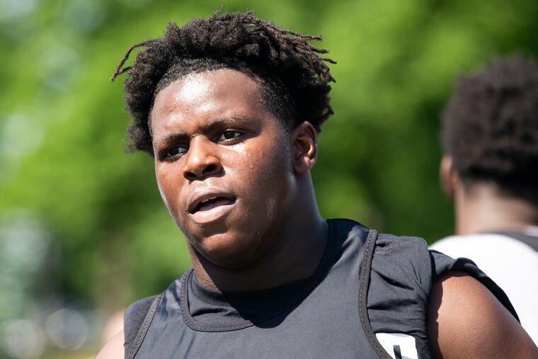 Imhotep Charter defensive lineman Jahsear Whittington at a showcase event for college coaches in May.