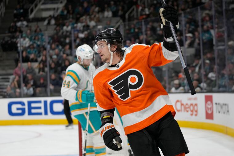 Flyers right wing Travis Konecny celebrates after scoring against the San Jose Sharks during the first period of an NHL hockey game in San Jose, Calif., Thursday, Dec. 29, 2022.