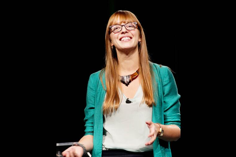 Morgan Berman, of MilkCrate presents to judges in the $400,000 Pressure Cooker. Photograph from Forbes Under 30 Summit held at the Pennsylvania Convention Center on Tuesday, October 21, 2014. Participants pitched their business for $400,000 in funding, $250,000 will go towards advertising. ( ALEJANDRO A. ALVAREZ / STAFF PHOTOGRAPHER )