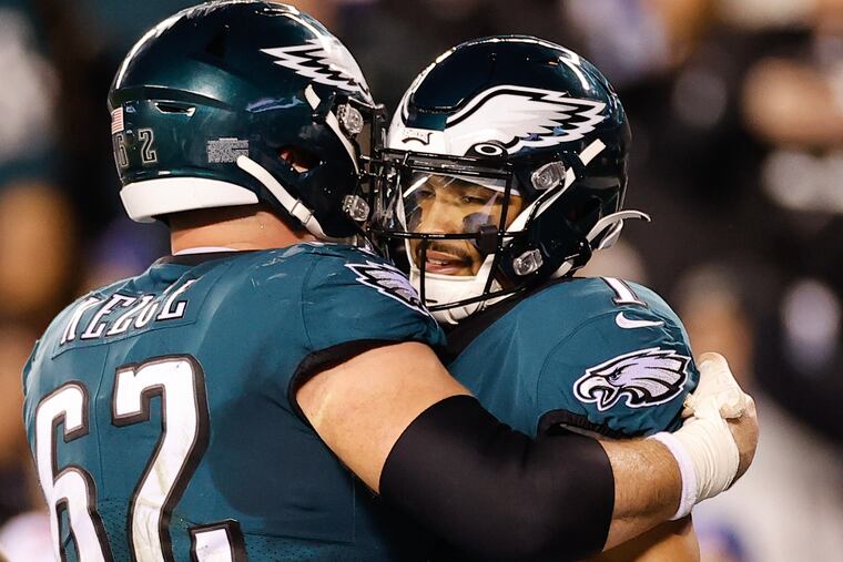 Eagles quarterback Jalen Hurts and center Jason Kelce celebrates Hurts’ touchdown run during the NFC divisional round playoff game against the New York Giants on Saturday, January 21, 2023 in Philadelphia.