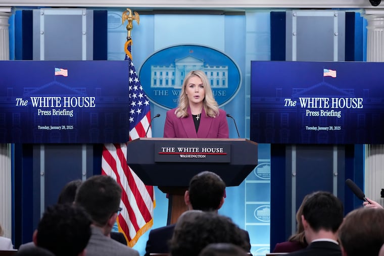 White House press secretary Karoline Leavitt speaks with reporters in the James Brady Press Briefing Room at the White House on Tuesday.