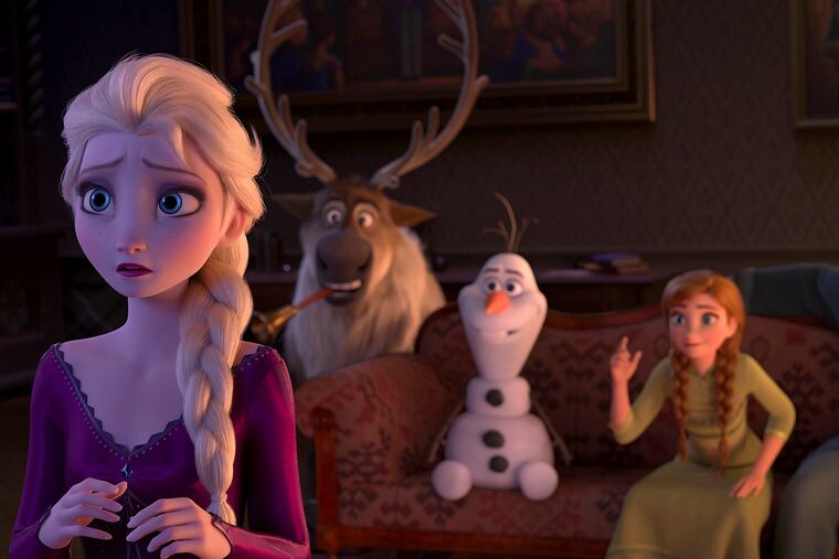 Disney's "Frozen II" tells of the continuing adventures of Queen Elsa (voice of Idina Menzel, left), with the trusty reindeer companion Sven and, from right, Kristoff, Anna and Olaf the living snowman (voiced by Jonathan Groff, Kristen Bell and Josh Gad).
