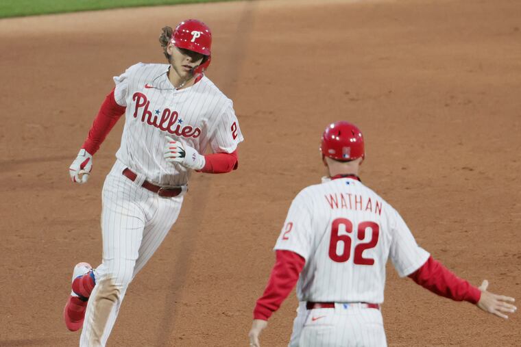 Alec Bohm rounds third base after hitting a home run for the Phillies in the sixth inning against the Mets.