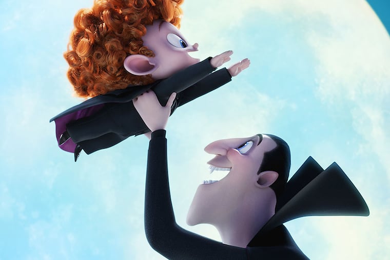 Dracula, voiced by Adam Sandler, with grandson Dennis, voiced by Asher Blinkoff. Sony Pictures Animation