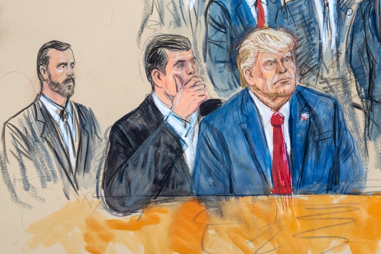 This artist sketch depicts former President Donald Trump, right, conferring with defense lawyer Todd Blanche, center, during his appearance at the Federal Courthouse in Washington. Special Prosecutor Jack Smith sits at left. Trump pleaded not guilty in Washington's federal court to charges that he conspired to overturn the 2020 election.