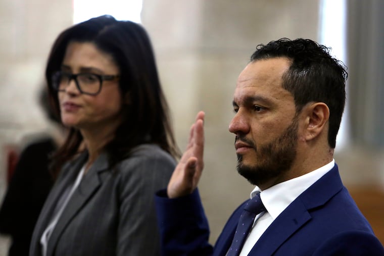 Albert Alvarez takes the oath before testifying at the joint legislative oversight committee, Tuesday March 12, 2019 in Trenton, NJ. Alvarez, a former Murphy administration official accused of sexual assault but not criminally charged discussed the administration's hiring practices during the hearing. A key unanswered question after months of legislative hearings is who hired Alvarez at the schools authority.