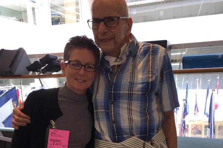 Aaron Levine, in his last day of rehabilitation at a hospital in Washington, D.C. in August, is visited by the trauma surgeon, Amy Goldberg, who led the team of doctors at Temple University Hospital that saved his life.