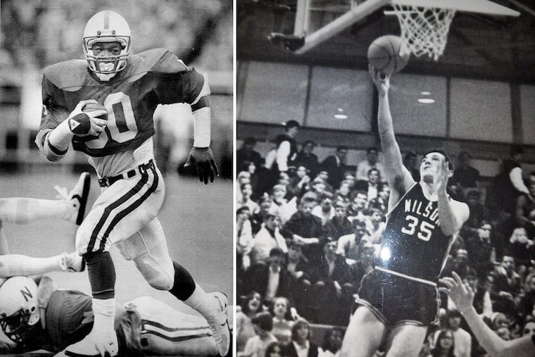 Mike Rozier, left, playing for Nebraska, and Mike Racobaldo, going up for a layup for Woodrow Wilson. AP and supplied photos