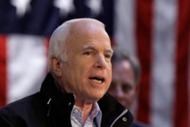 John McCain addresses a rally yesterday in Delaware County.