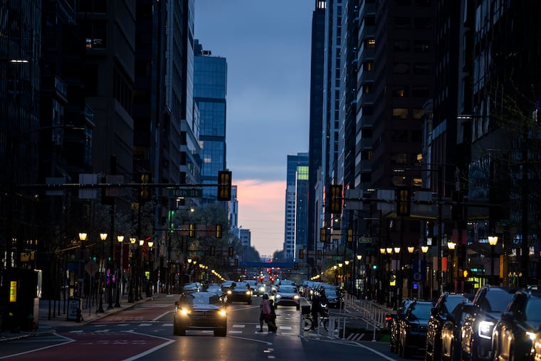 Clouds fill the sky blocking the sunset for the Phillyhenge at City Hall along 15th and Market Streets in Philadelphia, Pa., on Saturday, April 4, 2026.
