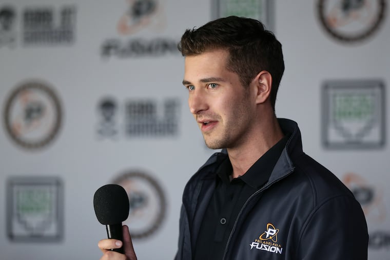 Tucker Roberts talks to gamers at the start of the Fusion University team tryout this year