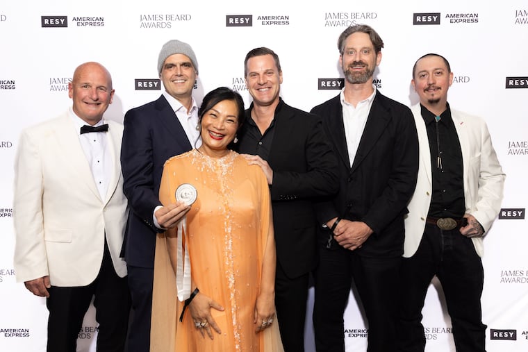 The team from Kalaya on stage at the 2026 James Beard Awards with chef Chutatip "Nok" Suntaranon (from left): Al Lucas, Nick Kennedy, Greg Root, Jerome Skaggs, and Benjamin Duignan.