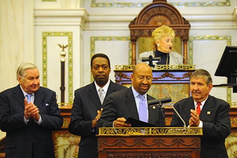 It's Our Money will provide live coverage, starting today at 11 a.m., of many of City Council's budget hearings. Here, Philadelphia Mayor Michael Nutter walks to the podium of city council chambers, with (from left) Councilmen Jack Kelly, Darrell Clarke, Frank Rizzo Jr. and Council President Anna C. Verna at top. (File photo)