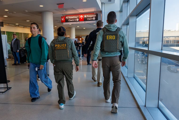 ICE, Homeland Security, and Enforcement and Removal Operations officers at Philadelphia International Airport in March.