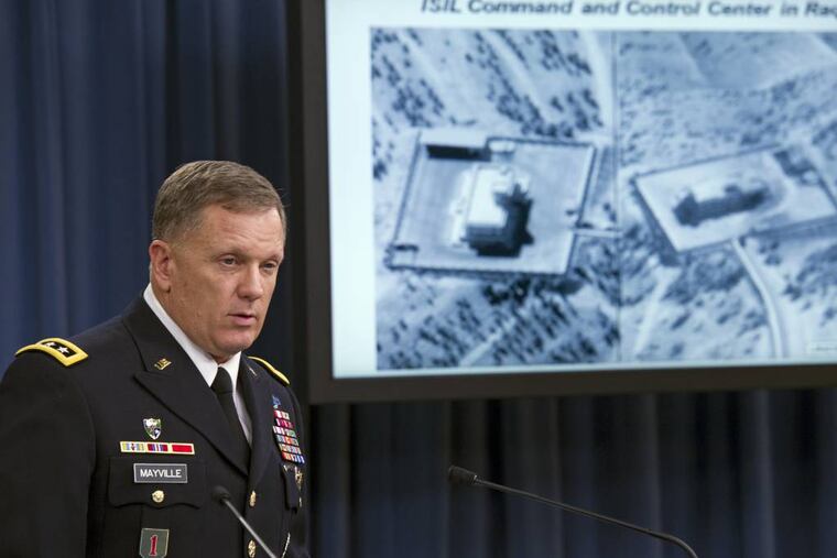 FILE - In this Sept. 23, 2014, file photo, Army Lt. Gen. William Mayville, Jr., Director of Operations J-3, speaks about the operations in Syria, during a news conference at the Pentagon. Syria says it has captured a US drone. (AP Photo/Cliff Owen, File)