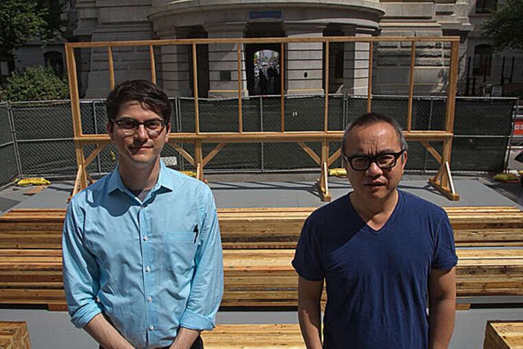 Paul Farber (left) and Ken Lum at the home of Monument Lab at City Hall. (ALEJANDRO A. ALVAREZ / Staff Photographer)