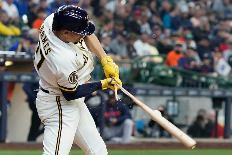 Milwaukee shortstop Willy Adames breaks his bat as he grounds out against the Houston Astros on Wednesday.