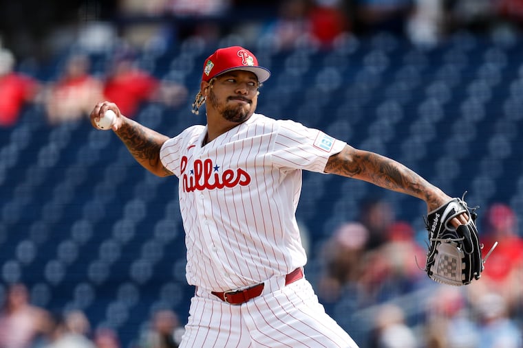 Taijuan Walker pitching in the first inning against the Nationals. The Phillies starter allowed one run and three hits in two innings.