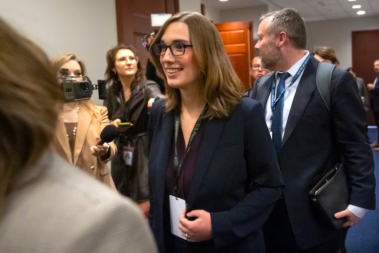 Sarah McBride leaves a meeting of House Democrats on Capitol Hill on Tuesday, Nov. 19, 2024, in Washington.