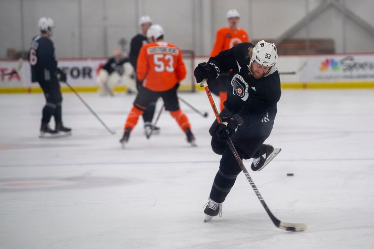 The Flyers' Jake Voracek shoots the puck during practice Friday in Voorhees. It appears he will start the season on the second power-play unit.