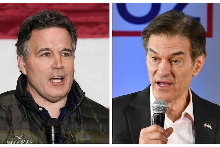 Republican Pennsylvania U.S. Senate front-runners Dave McCormick, left, and Mehmet Oz are scheduled to be on stage together in public for the first time Wednesday.