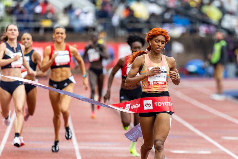 Nia Akins finishes first in the Olympic Development women’s 800 meter at the Penn Relays on April 26.