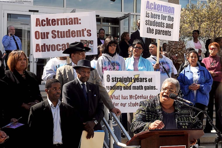 State Sen. Shirley Kitchen (D., Phila.) addresses supporters of School Superintendent Arlene C. Ackerman in front of district headquarters on North Broad Street.