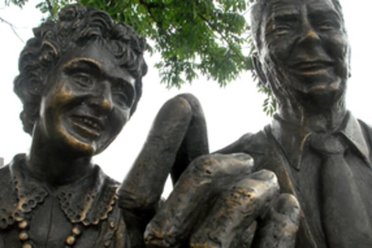 At the Our Lady of Czestochowa shrine off Route 611 in Bucks County, a bronze Ronald Reagan holds, well, nothing. Jennie Gowaty is depicted at left. The statue commemorates Reagan's visit in 1984.