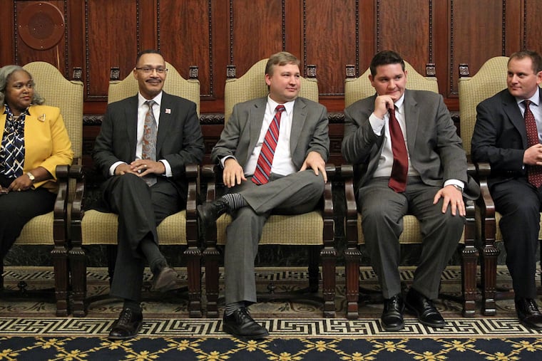 Mayor-elect Jim Kenney announced the naming of (from left) Clarena Tolson, David Wilson, Brian Abernathy, Richard Lazer, and Jim Engler to his staff. Lazer and Engler were part of Kenney’s campaign; Tolson and Wilson work for Mayor Nutter.