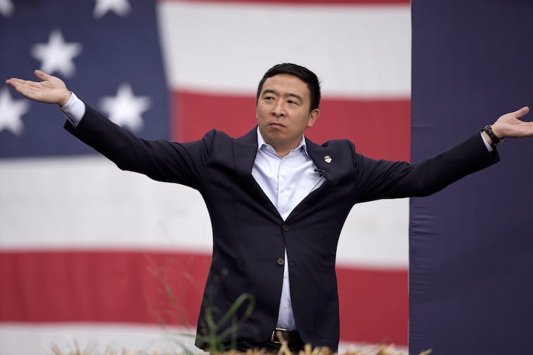 Democratic presidential candidate Andrew Yang speaks at the Polk County Democrats Steak Fry, in Des Moines, Iowa, Saturday, Sept. 21, 2019. (AP Photo/Nati Harnik)