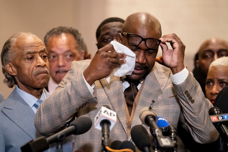 Philonise Floyd, brother of George Floyd, wipes tears from his eyes as he speaks during a news conference after former Minneapolis police officer Derek Chauvin is convicted in the murder of George Floyd, Tuesday, April 20, 2021, in Minneapolis.