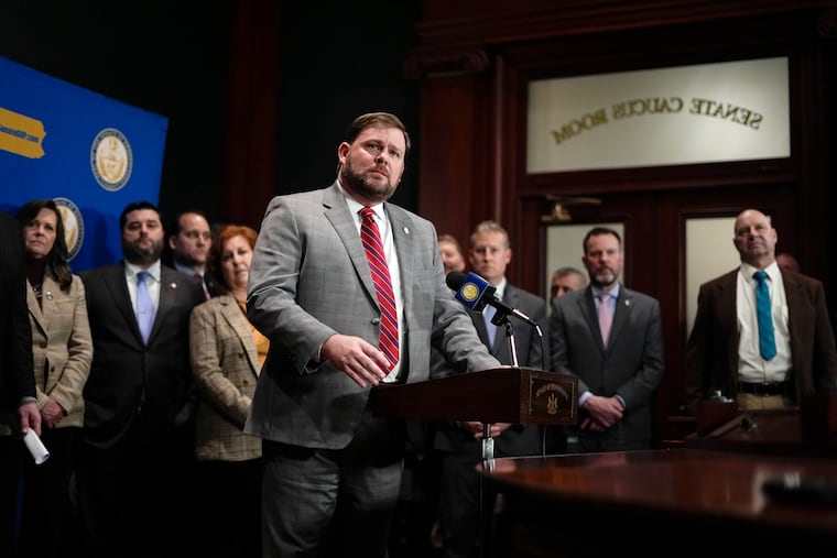 Pennsylvania Senate Majority Leader Joe Pittman (R., Indiana) speaks during a news conference in the state Capitol after Gov. Josh Shapiro delivered his budget address for the 2024-2025 fiscal year in Harrisburg.