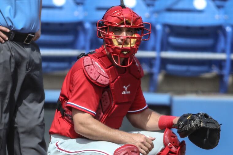 Phillies' catcher Jeff Mathis behind the plate against the Blue Jays on March 2.