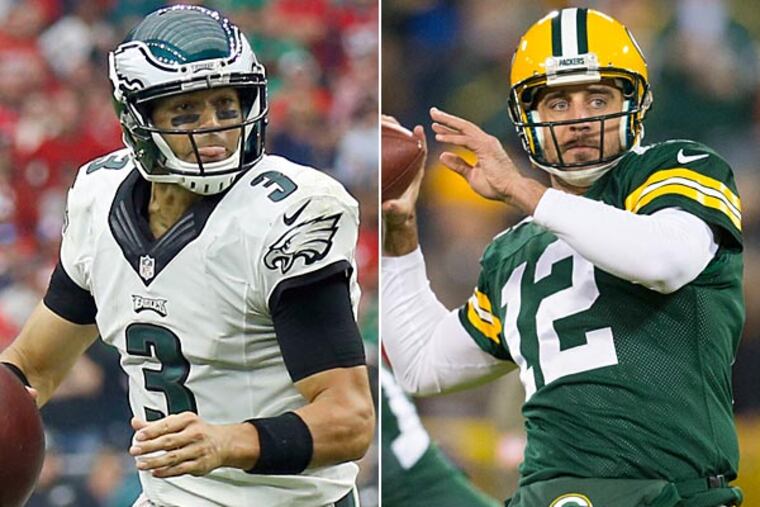 Eagles quarterback Mark Sanchez (left) and Packers quarterback Aaron Rodgers. (Yong Kim/Staff Photographer) (Jeff Hanisch/USA Today)