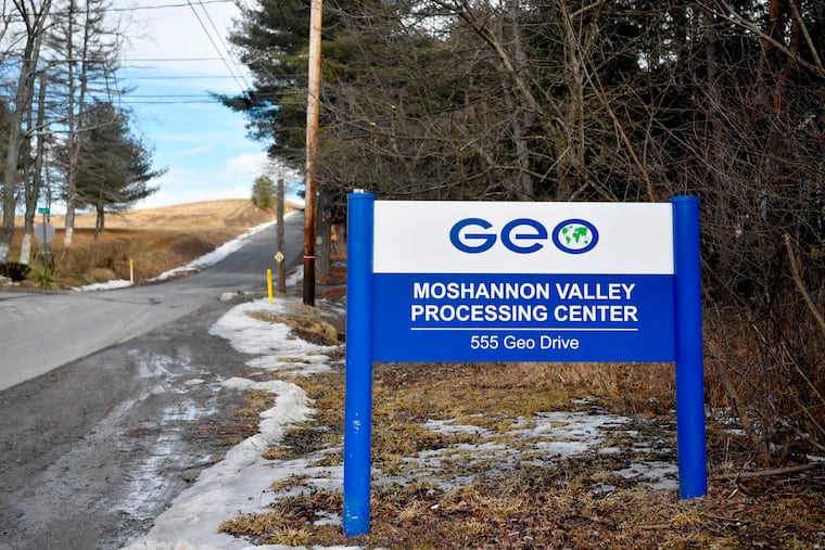 The sign for the GEO Group Moshannon Valley Processing Center immigration detention facility in Clearfield County.