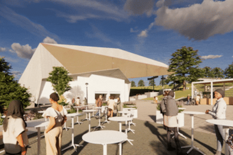 An animated rendering of how the Mann Center's shed would come to life with digital displays planned as part of upcoming renovations.