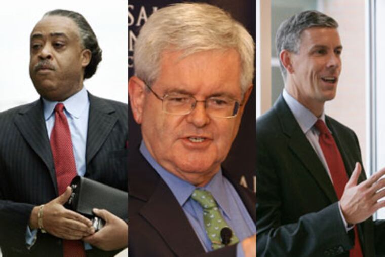 Al Sharpton, Newt Gingrich, and Secretary of Education Arne Duncan kick off a school reform tour in Philadelphia this week. (AP Photos)