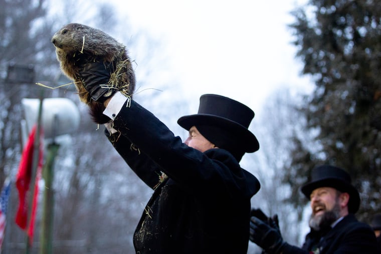 A member of the Punxsutawney Groundhog Club's Inner Circle presents Punxsutawney Phil, who makes his weather prediction on Groundhog Day at Gobbler's Knob in Punxsutawney, in 2019.