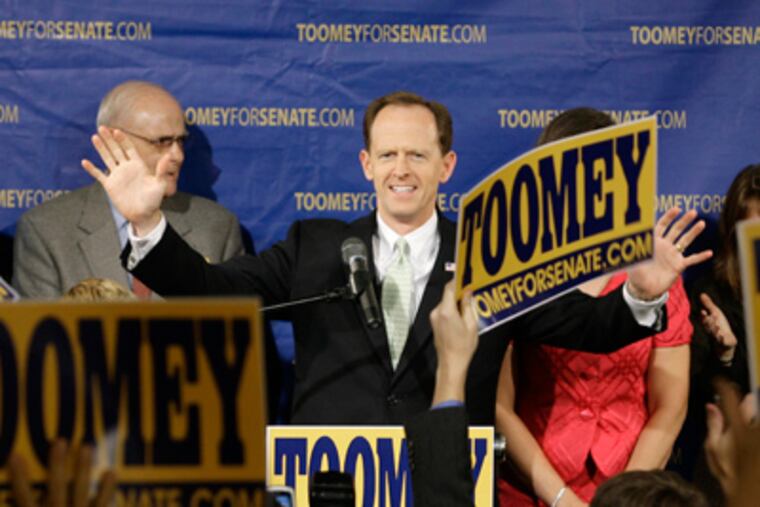 Republican Pat Toomey delivers his victory speech after defeating Democrat Joe Sestak in the U.S. Senate race for Pennsylvania. (Christopher Gardner / For the Inquirer)