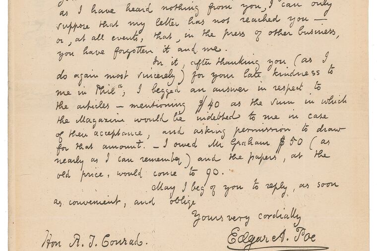 A letter from Edgar Allan Poe to Robert Taylor Conrad, a Philadelphia lawyer, playwright, and editor of Graham's Magazine, was sold for $125,125 at an online auction by RR Auction of Boston on Oct. 7.